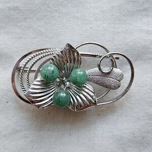 VTG Green Stone & Silver Tone Brooch